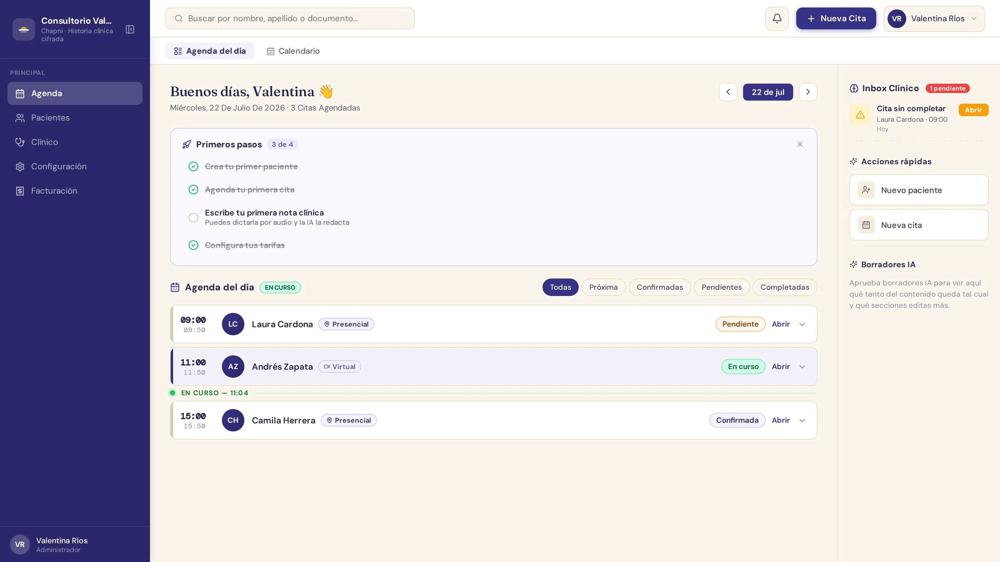 La agenda del día en Chapni: citas con su estado, inbox clínico y acciones rápidas