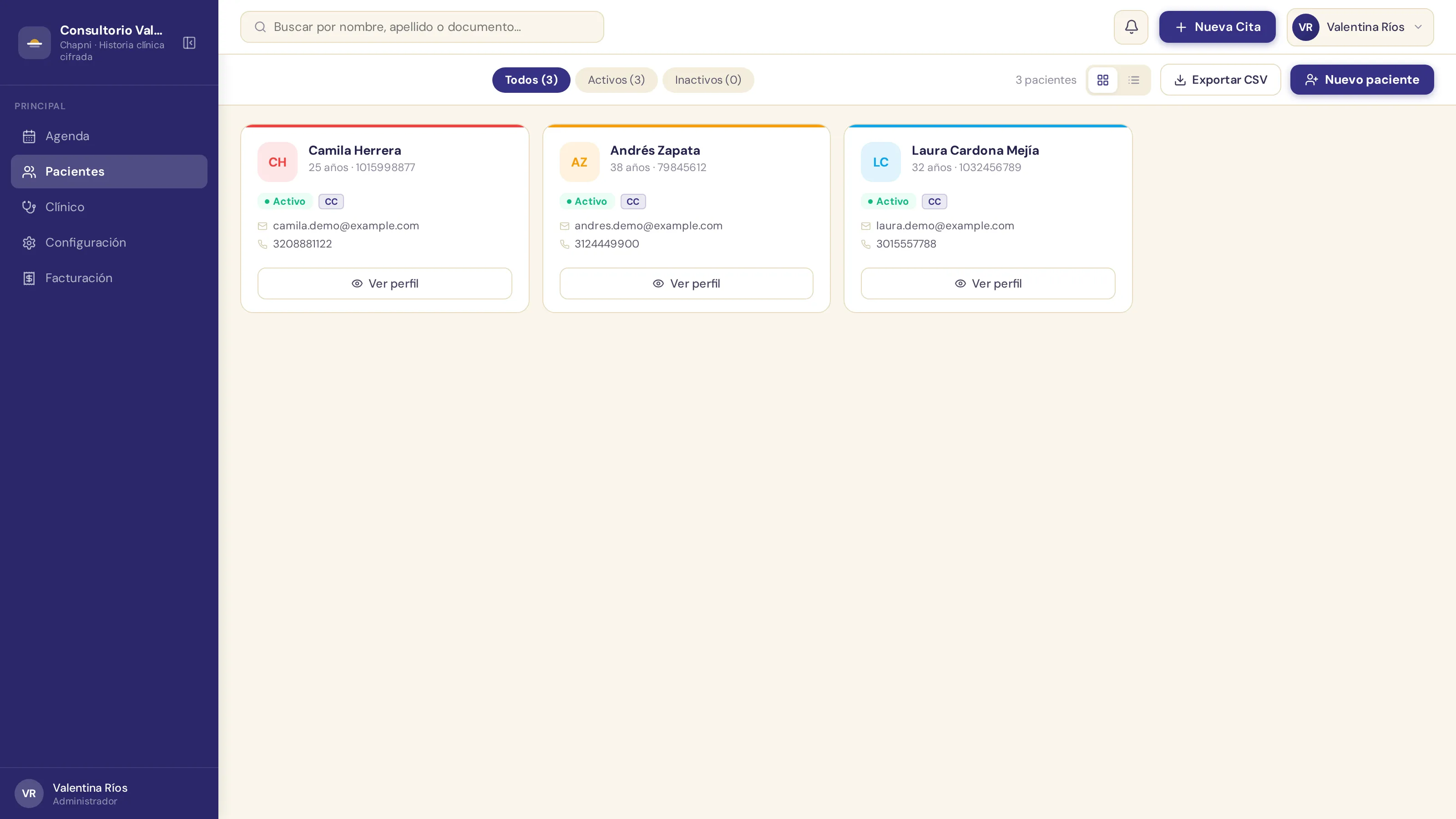 Lista de pacientes en Chapni con tarjetas por paciente y filtros de activos e inactivos