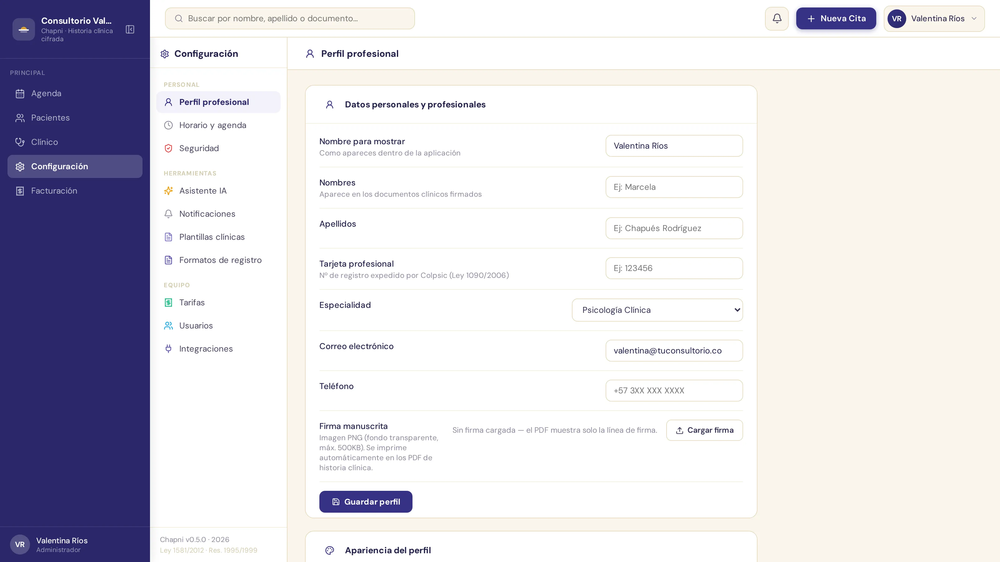 Perfil profesional: nombre, tarjeta profesional Colpsic, especialidad y firma manuscrita