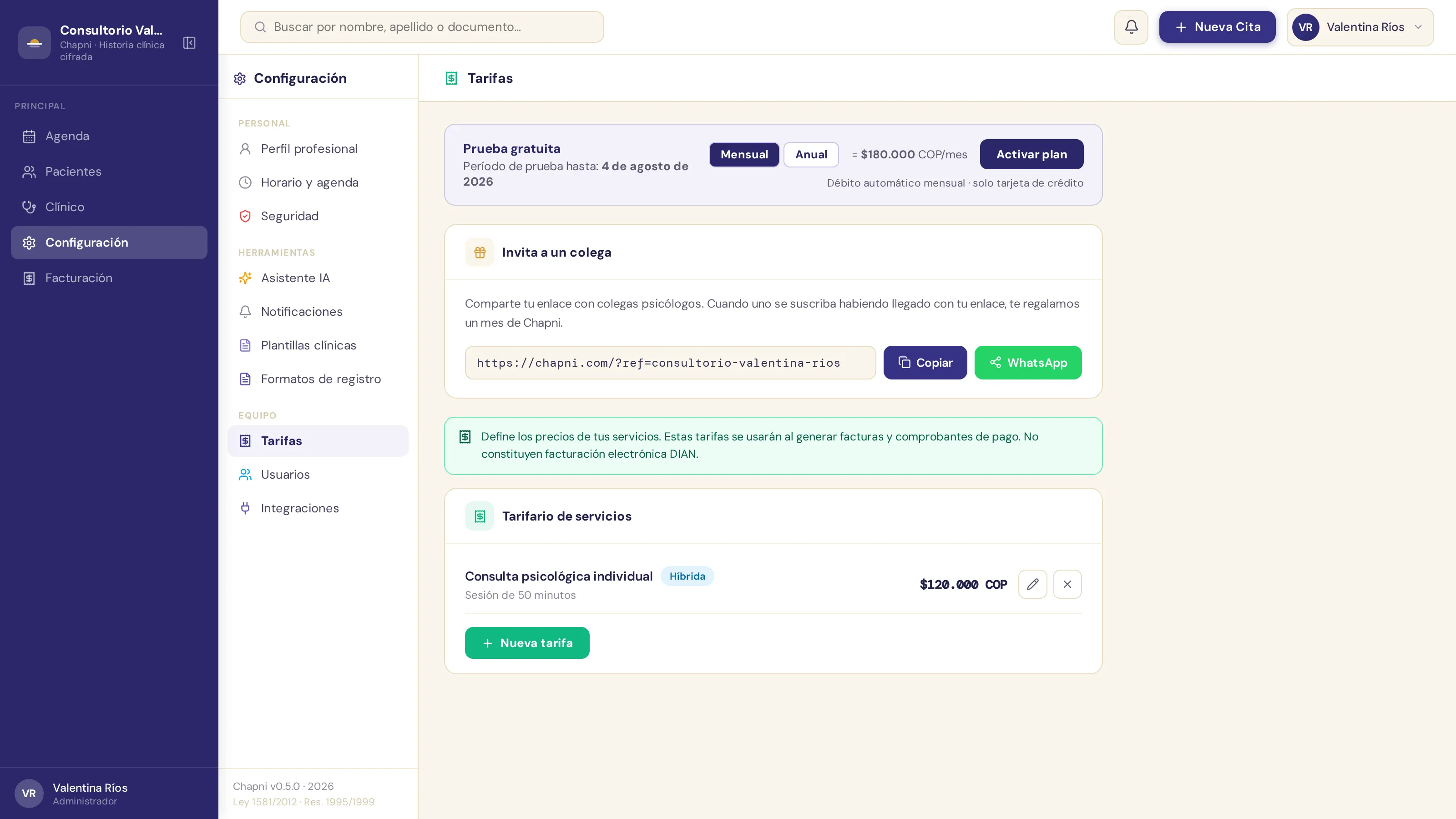Configuración de tarifas con el estado de la prueba gratuita, el enlace de referidos y el tarifario de servicios