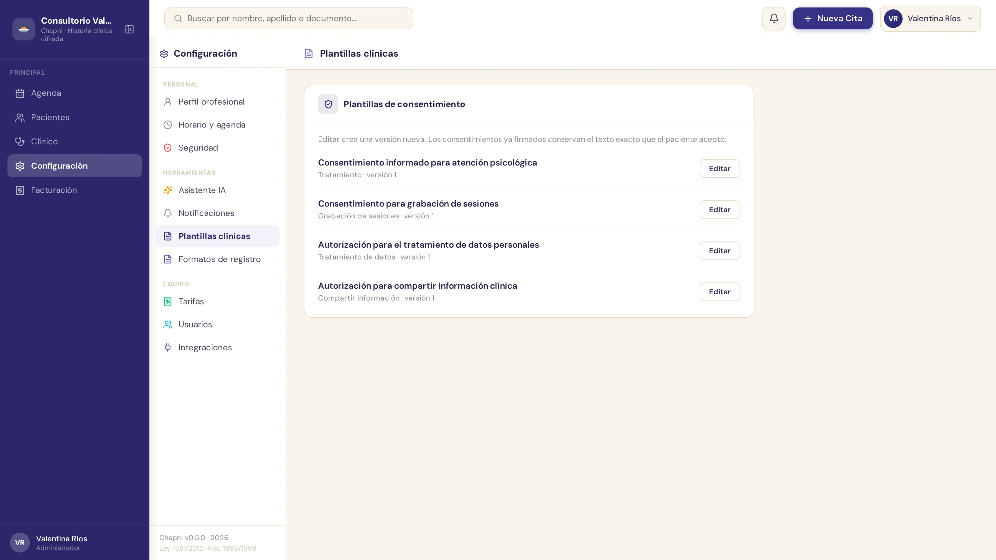 Plantillas de consentimiento en configuración: tratamiento, grabación, datos personales y compartir información