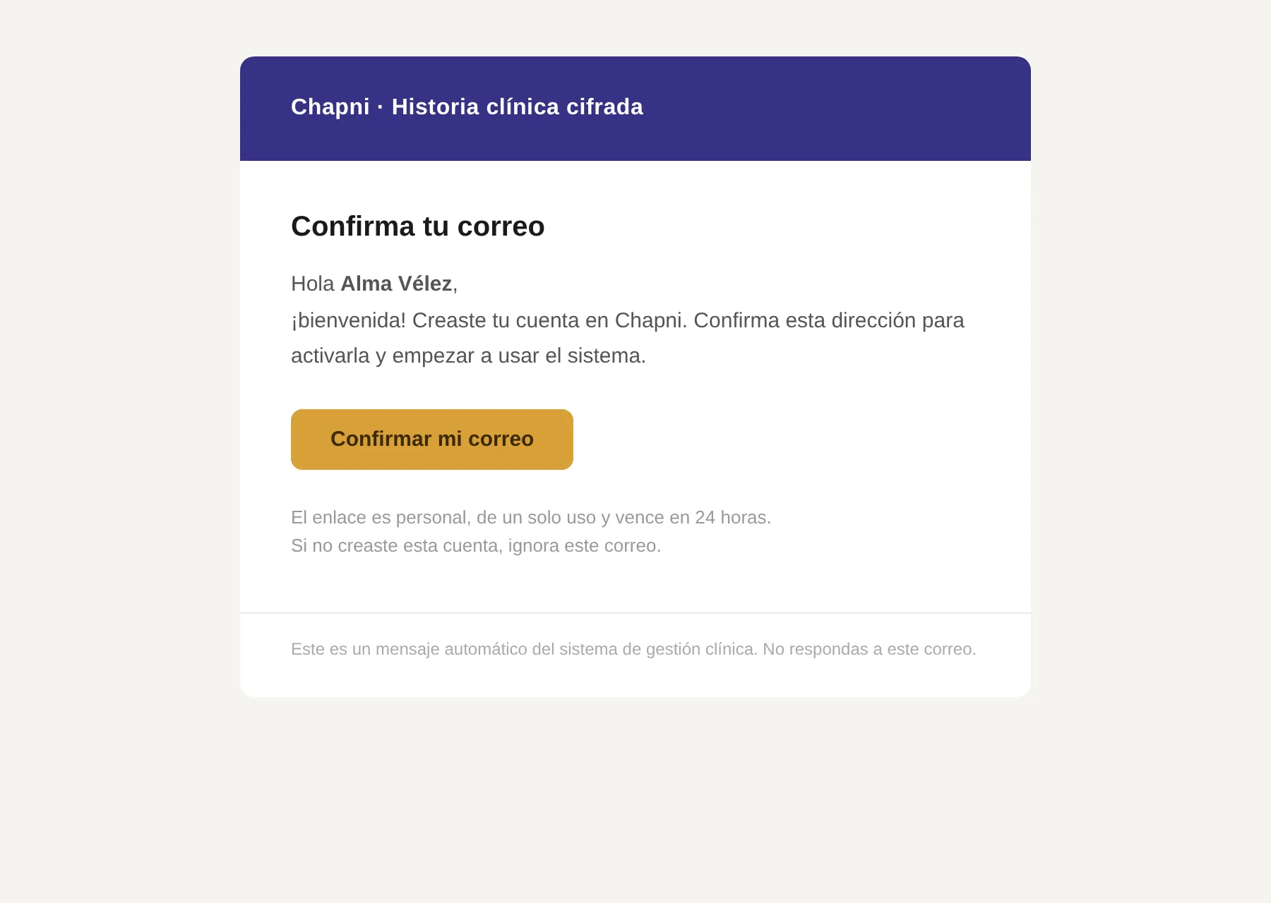 Correo de confirmación de Chapni con el botón de confirmar