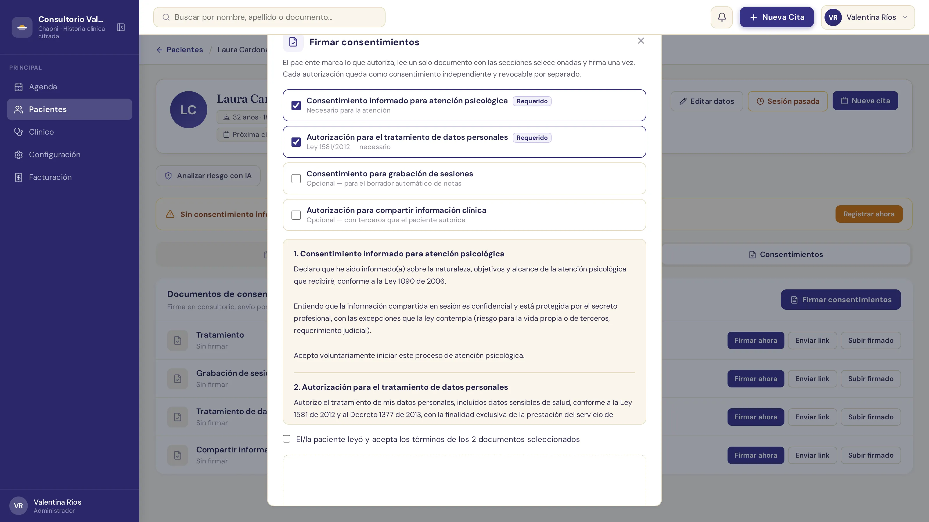 Modal de firma unificada: el paciente marca lo que autoriza y lee un solo documento