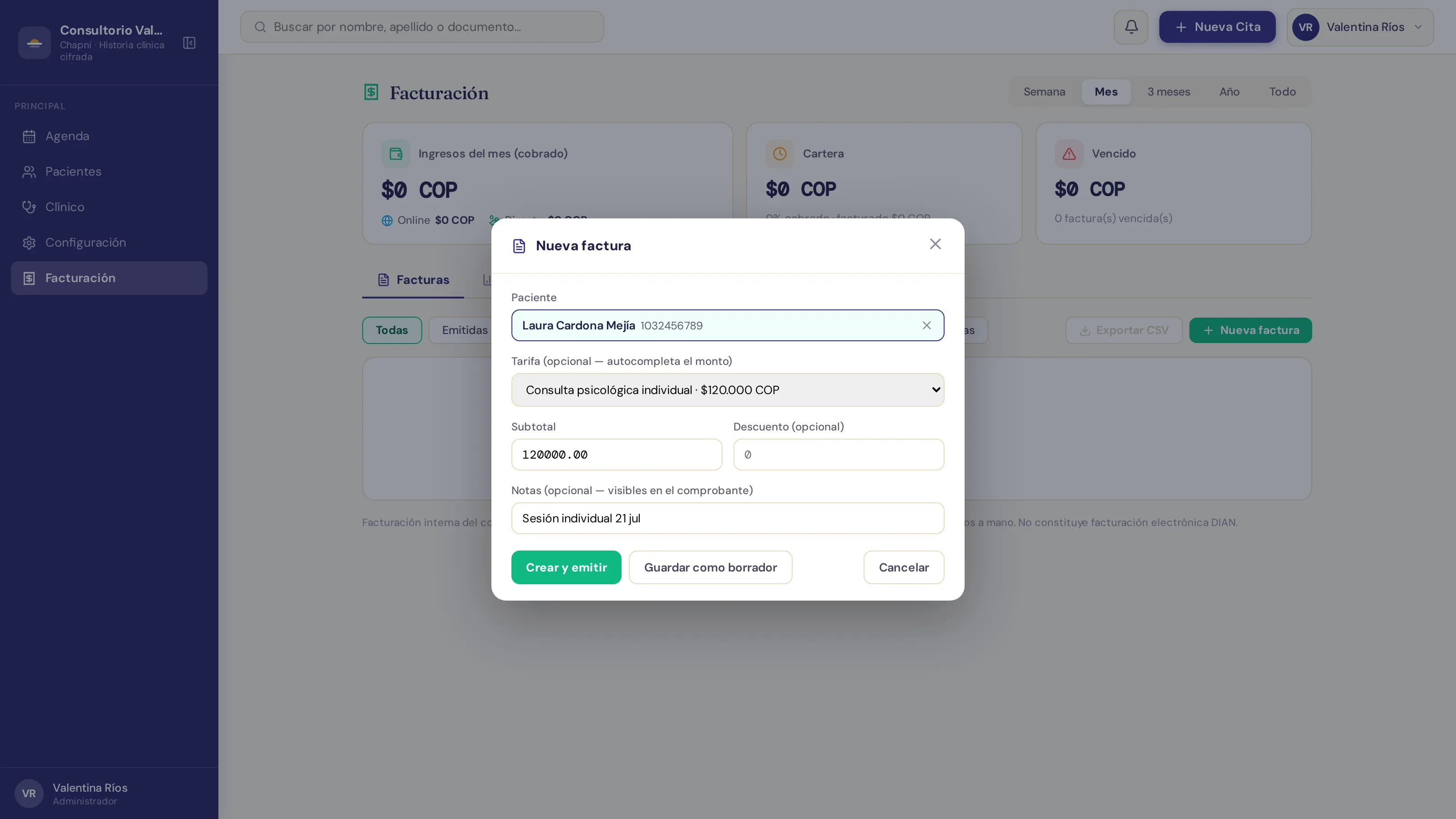 Modal de nueva factura con paciente, tarifa que autocompleta el monto y notas