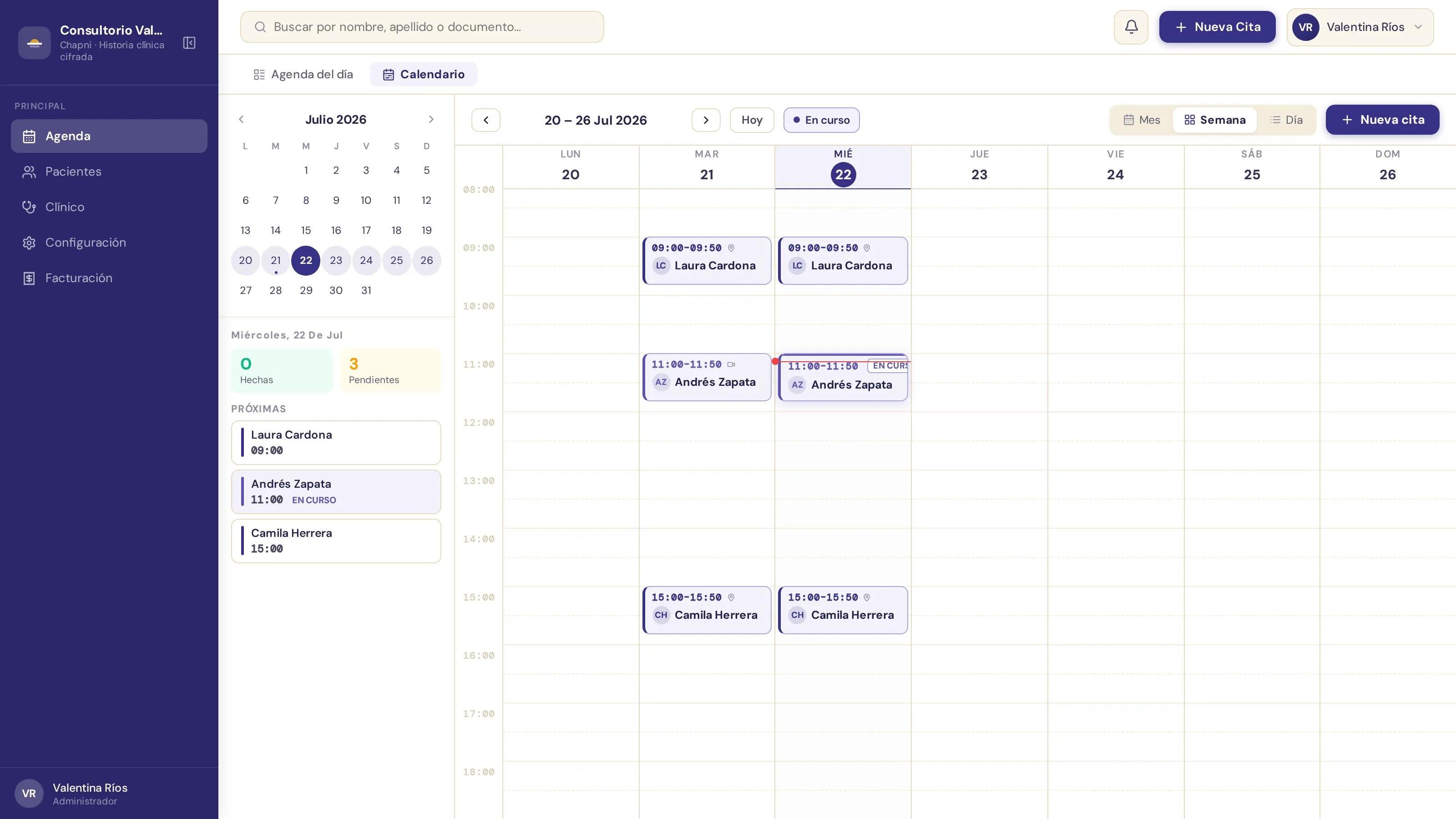 Vista de calendario semanal con las citas de la semana y el mini calendario del mes