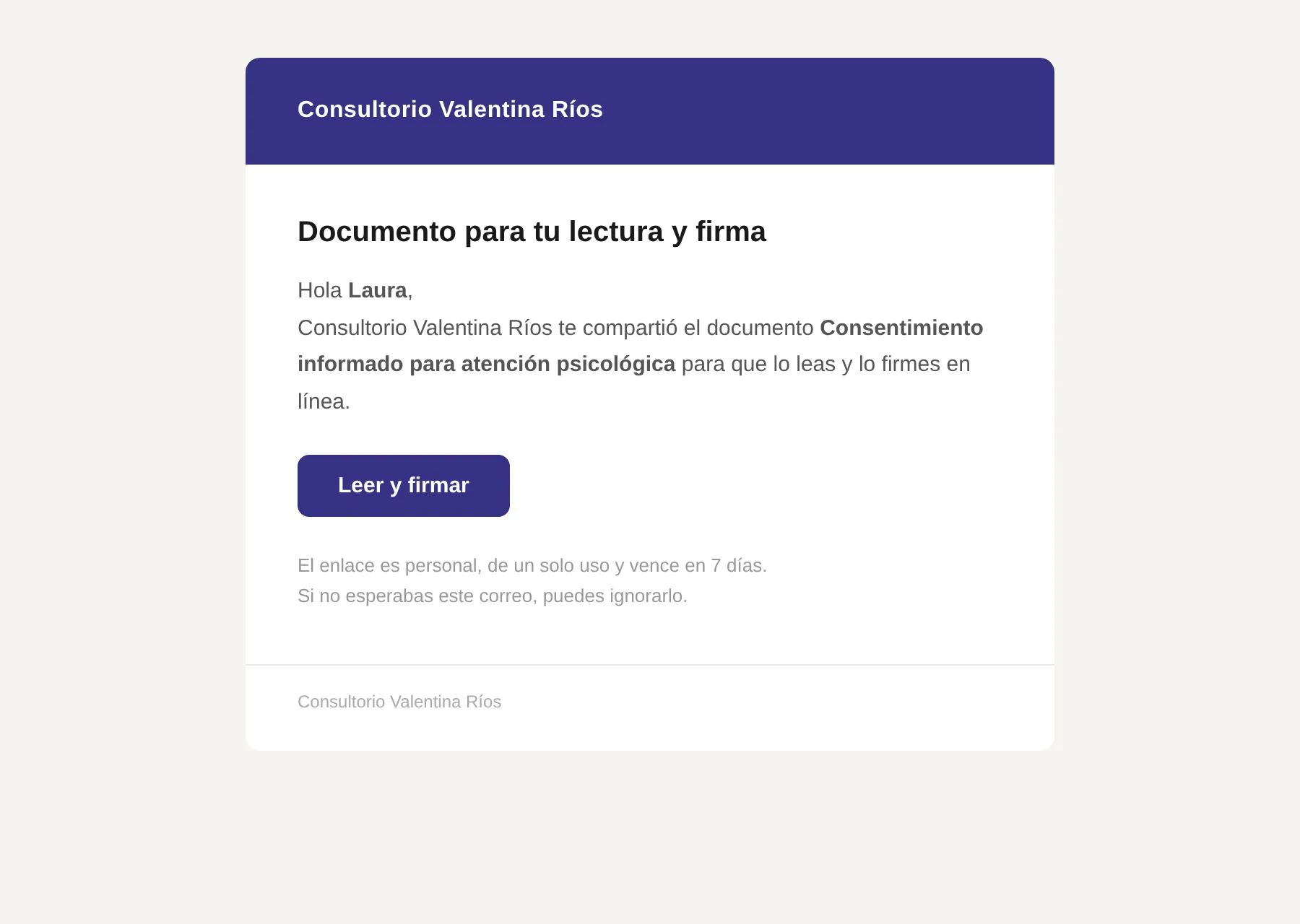 Correo que recibe el paciente con el botón de leer y firmar el documento