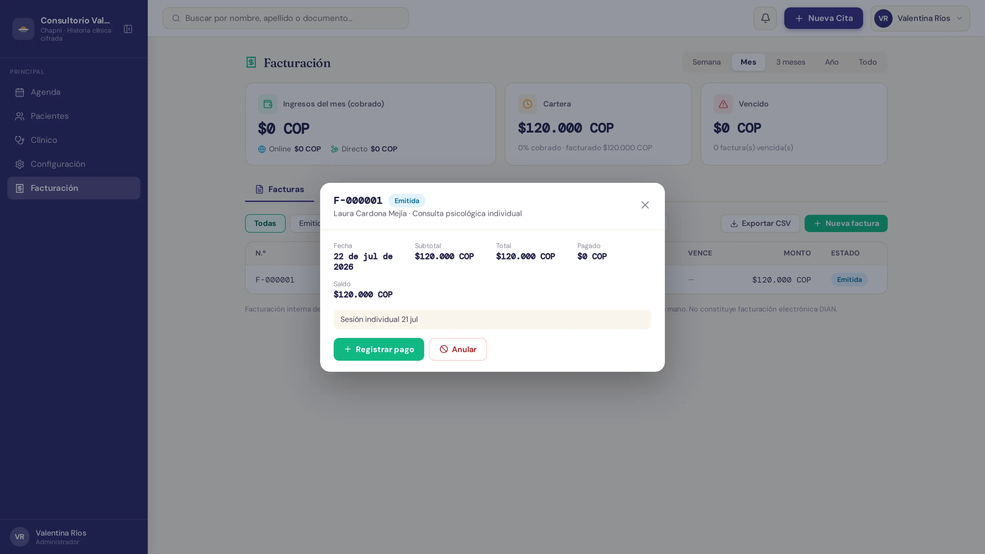 Detalle de la factura emitida con subtotal, total, pagado y saldo