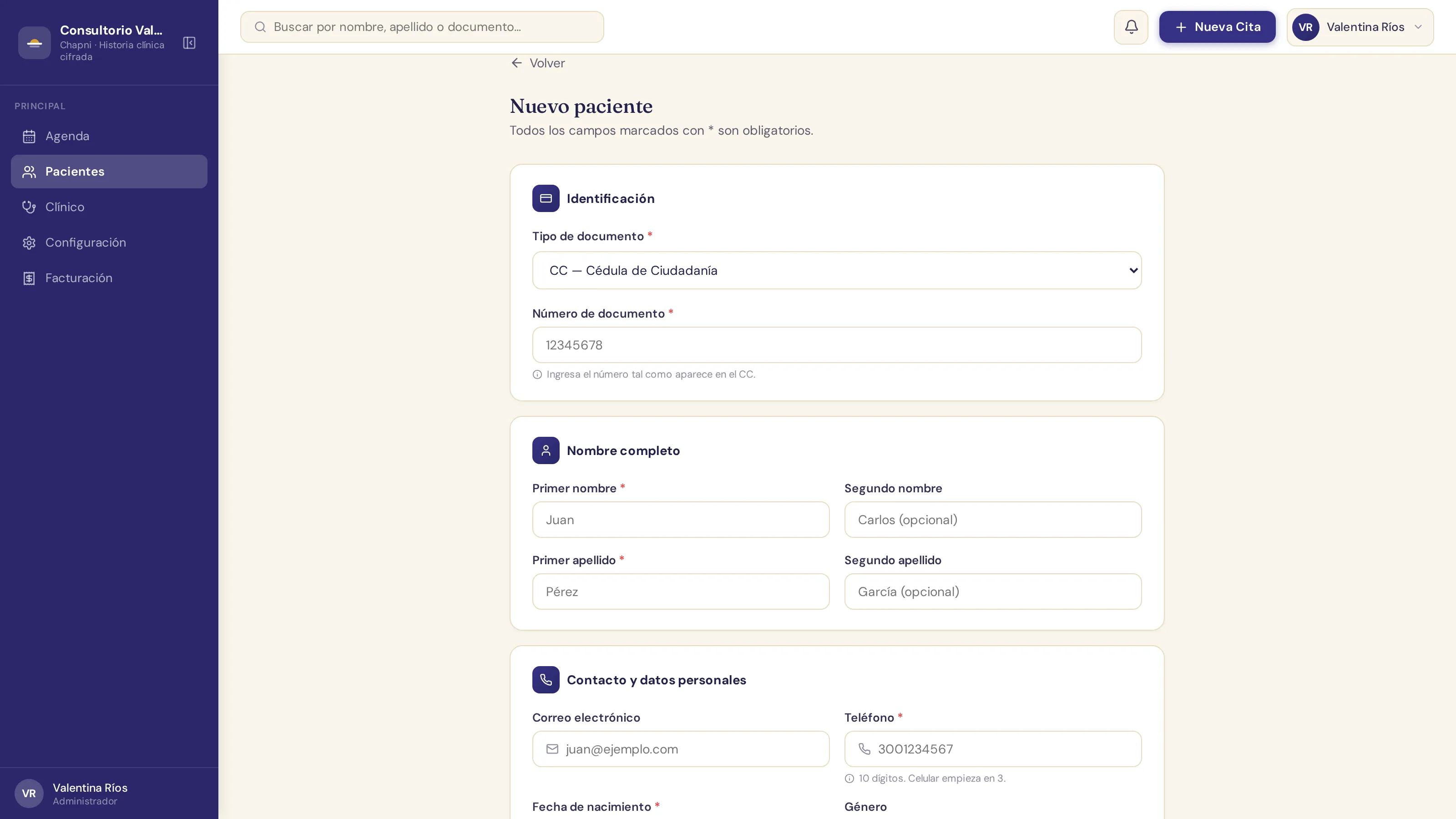Formulario de nuevo paciente: tipo y número de documento, nombre completo y contacto
