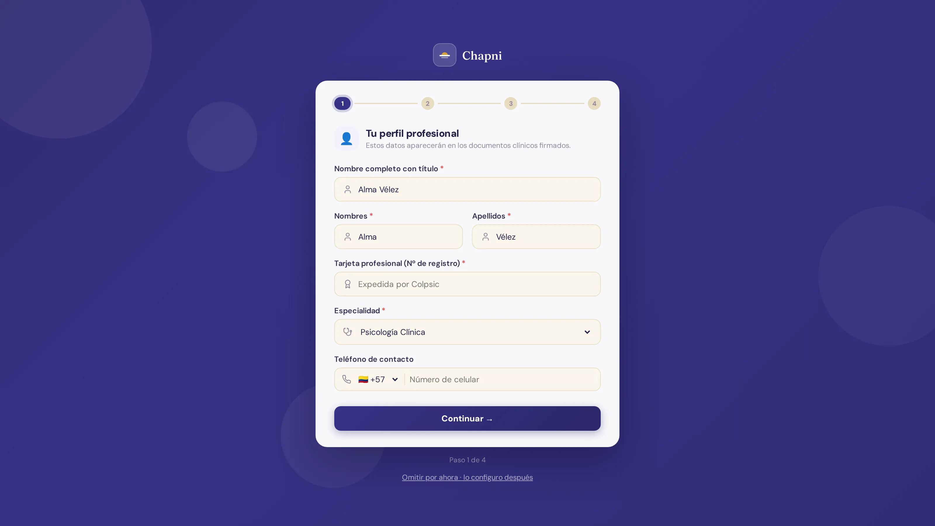 Primer paso del onboarding: perfil profesional con tarjeta Colpsic y especialidad