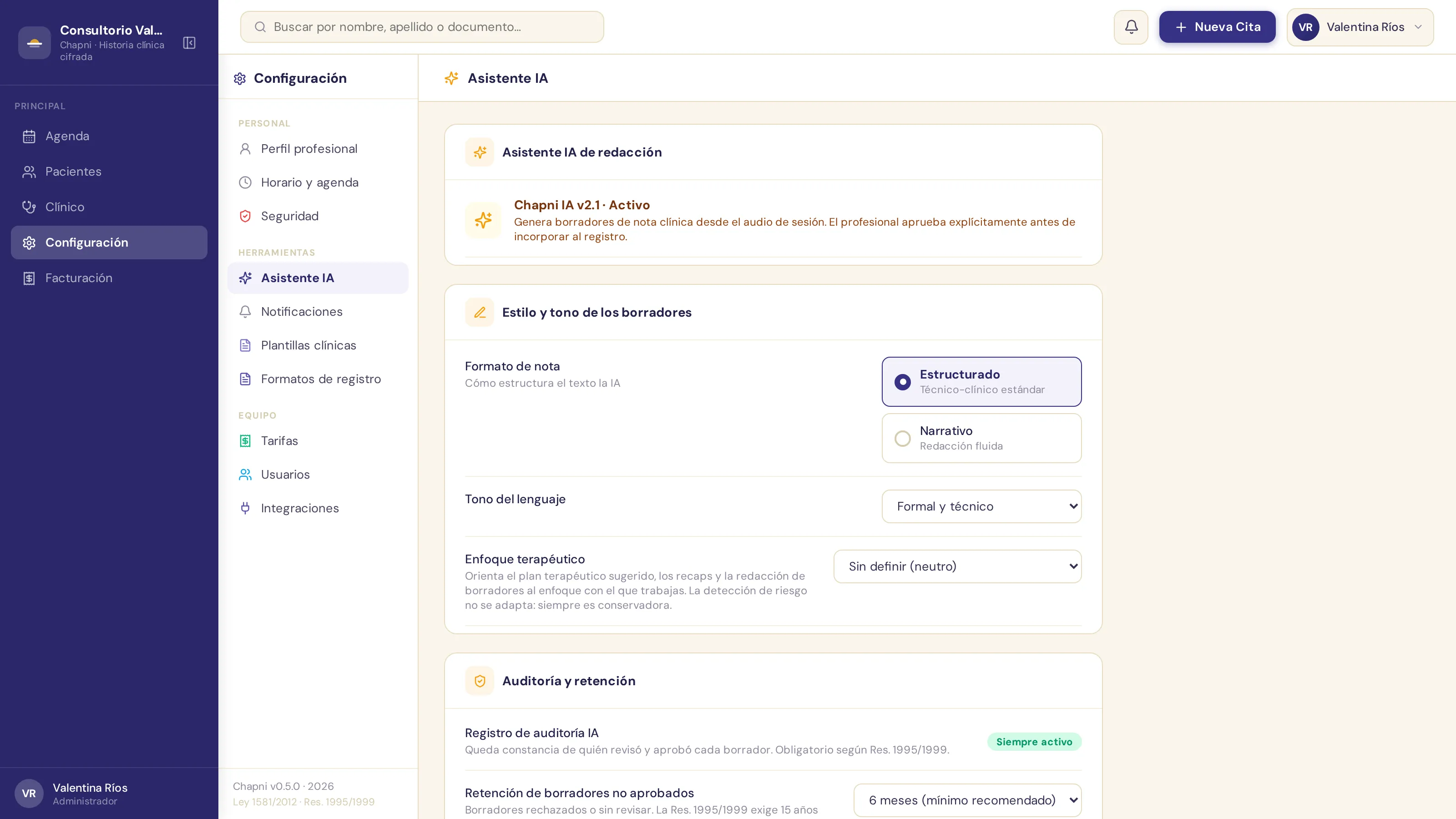 Configuración del asistente de IA: formato de nota, tono y enfoque terapéutico