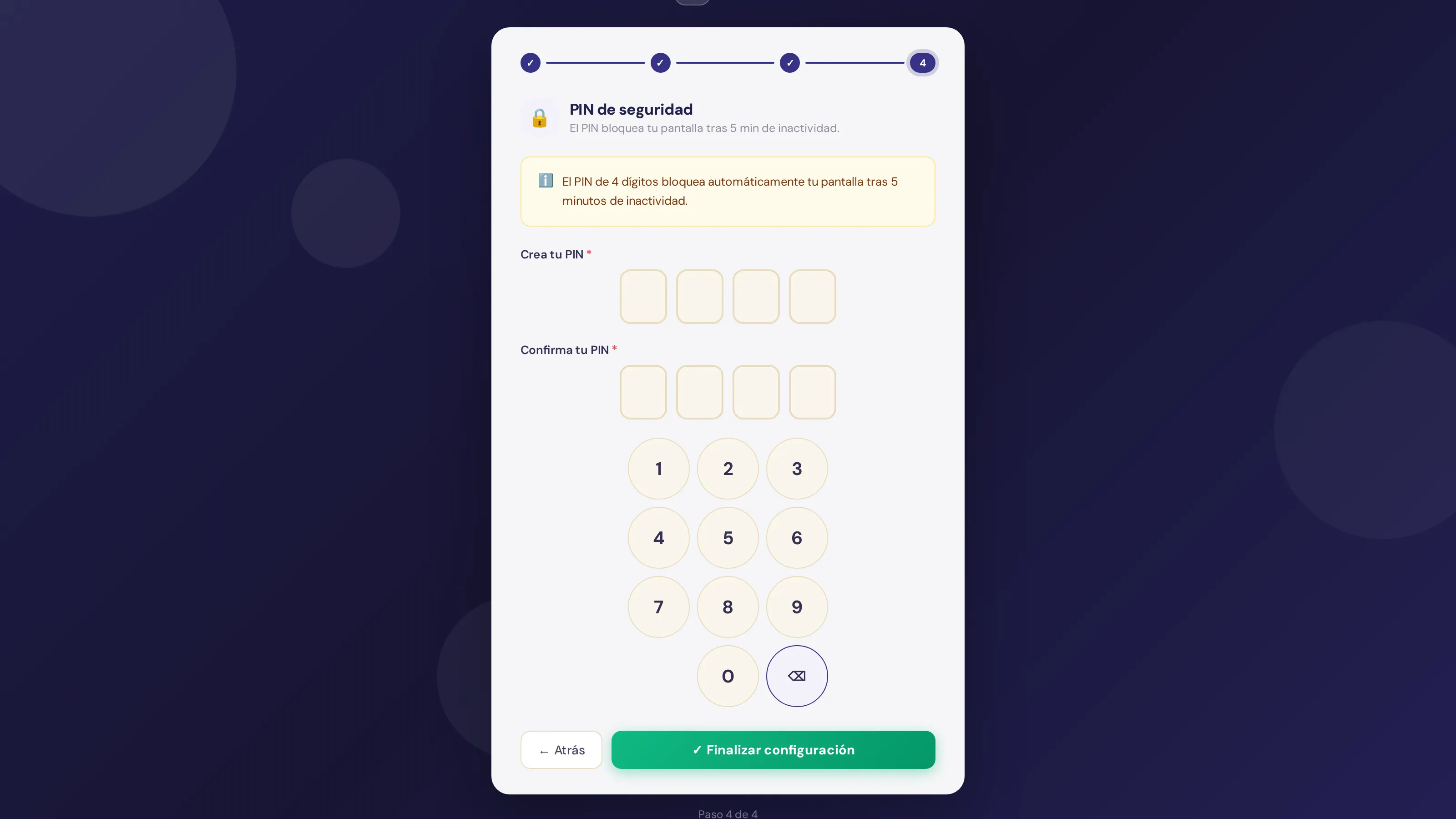 Cuarto paso del onboarding: crear un PIN de seguridad de 4 dígitos