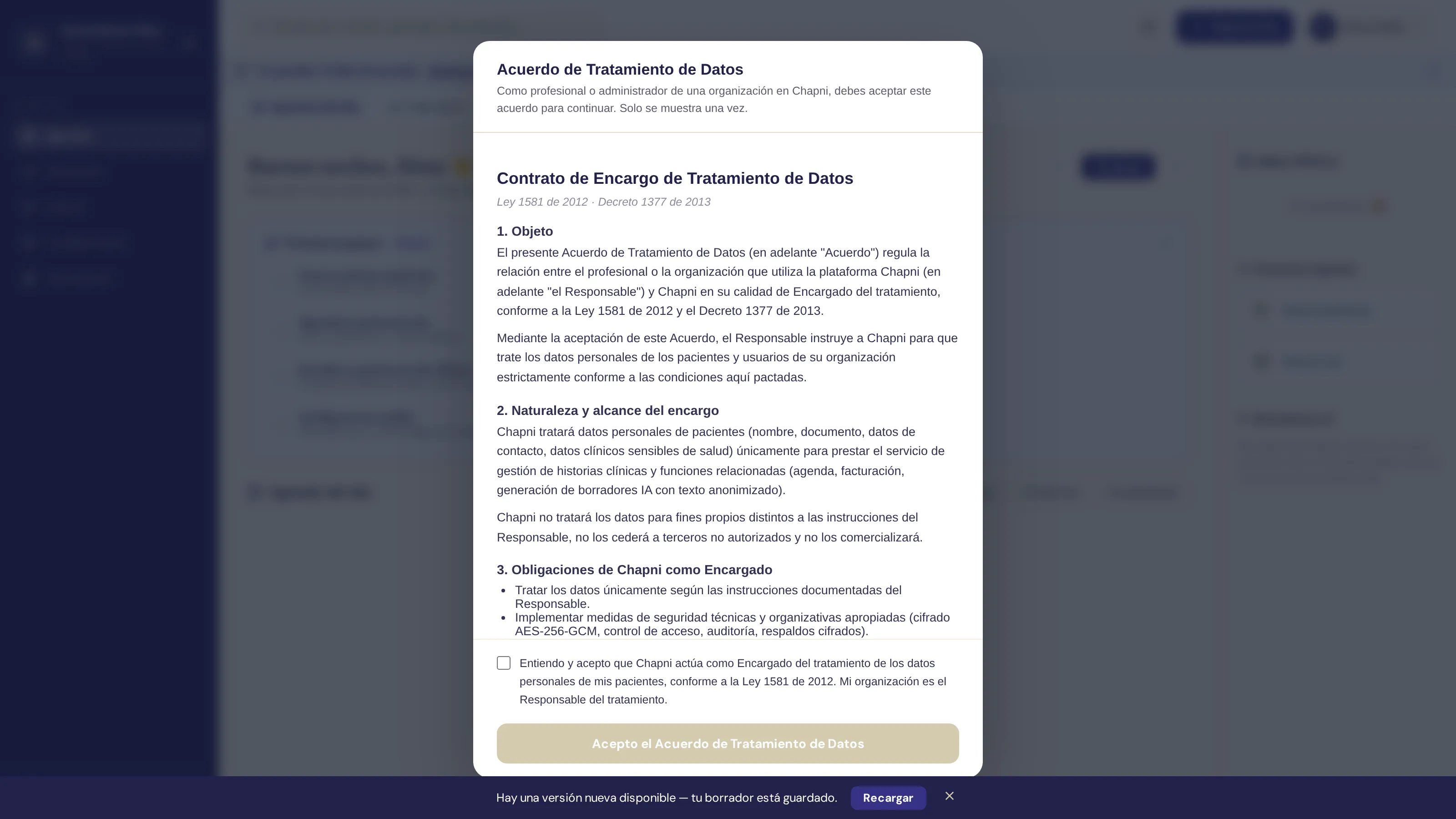 Modal del acuerdo de tratamiento de datos, Ley 1581 y Decreto 1377