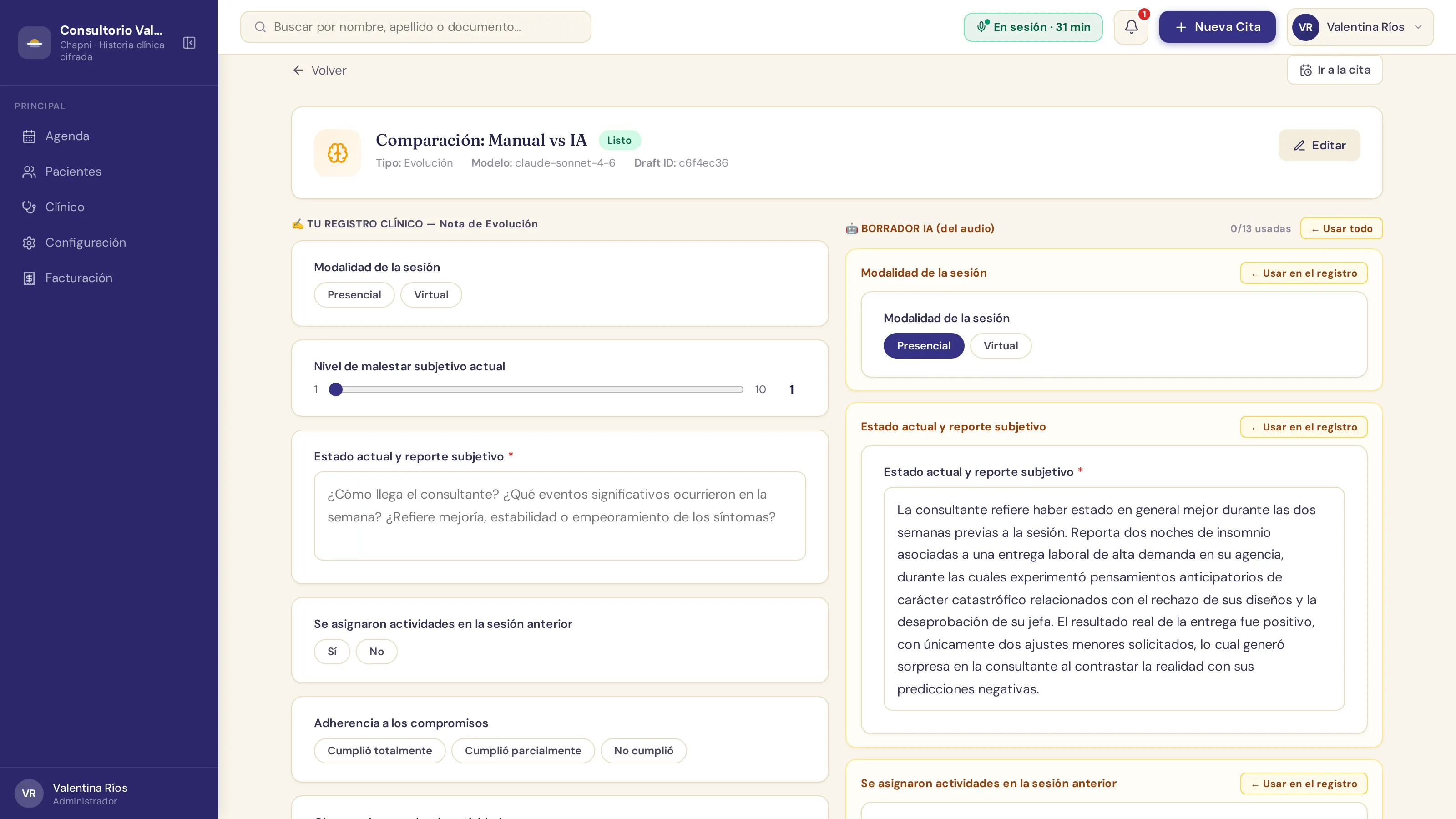 Comparación Manual vs IA: a la izquierda tu registro vacío, a la derecha el borrador que la IA redactó del audio