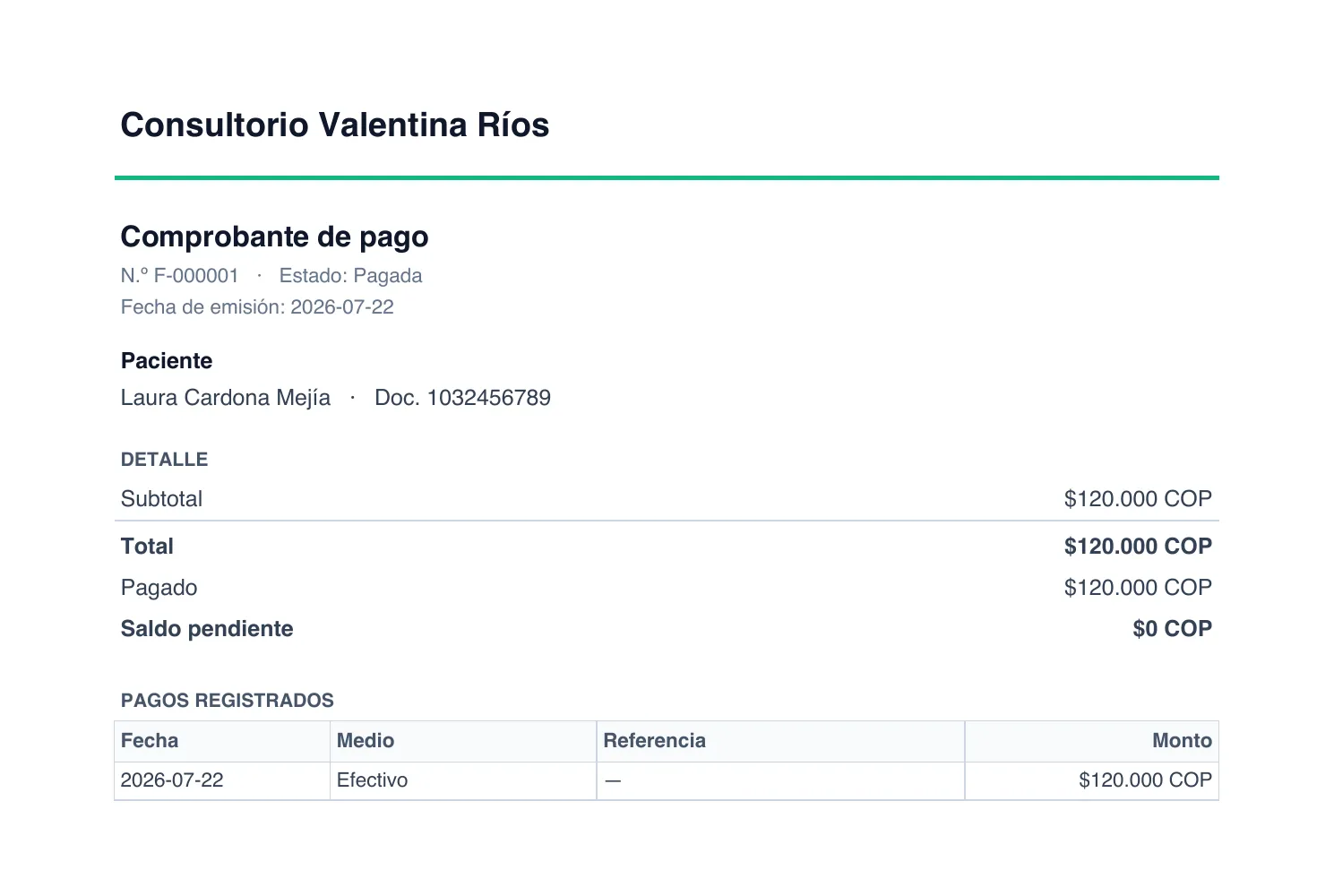 Comprobante de pago en PDF con el detalle de la factura y los pagos registrados