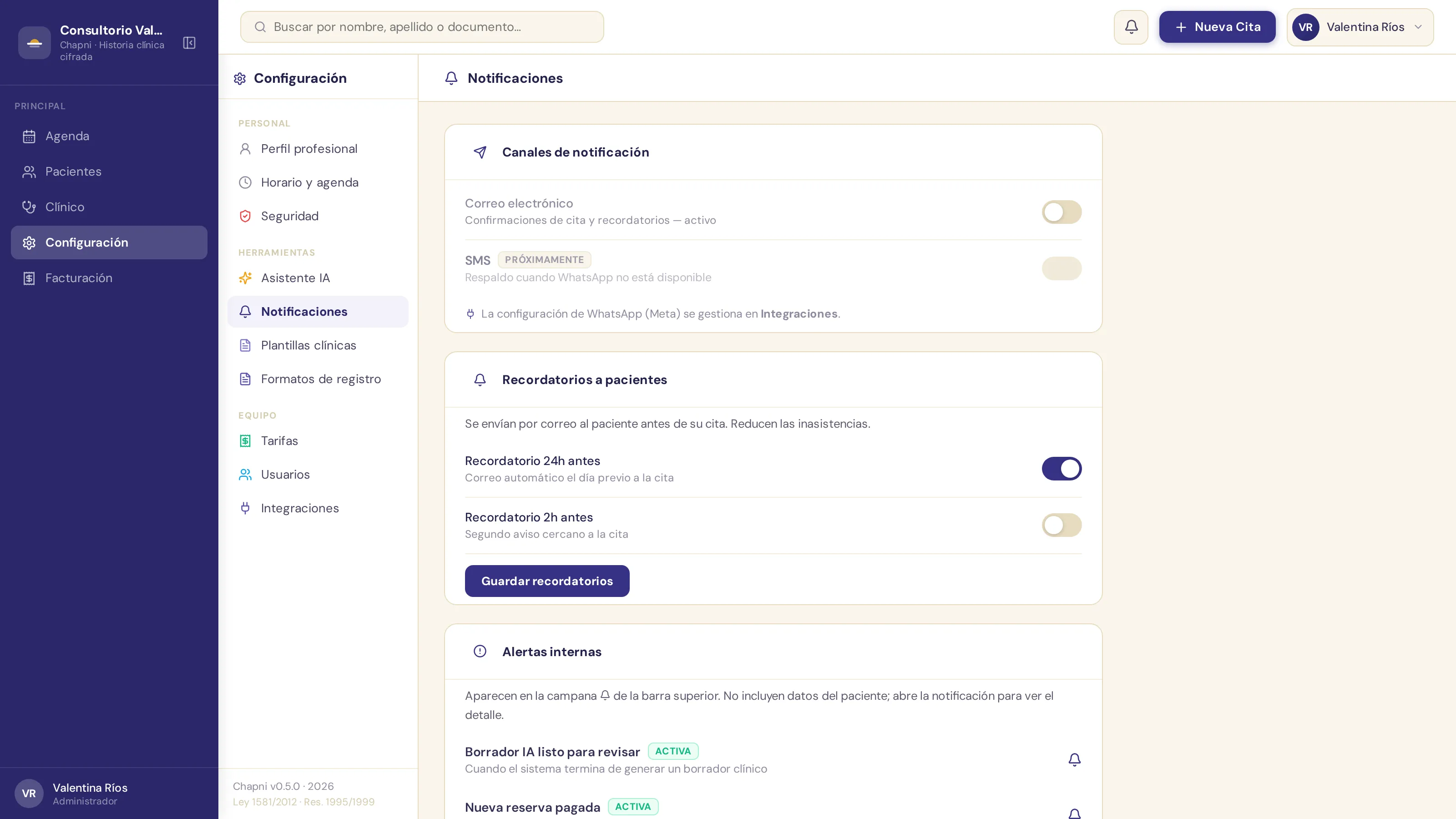 Configuración de recordatorios a pacientes: 24 horas y 2 horas antes de la cita