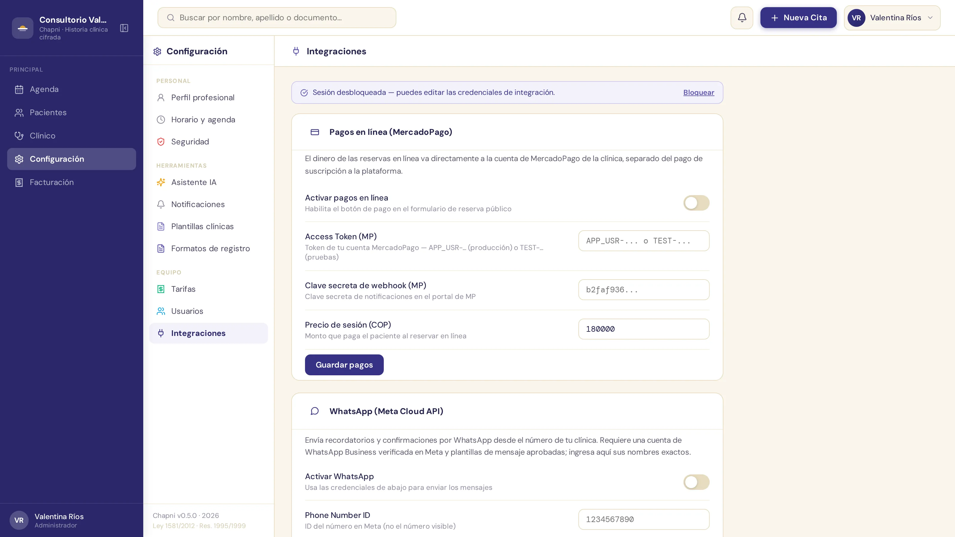 Configuración de pagos en línea con MercadoPago: token, webhook y precio de sesión