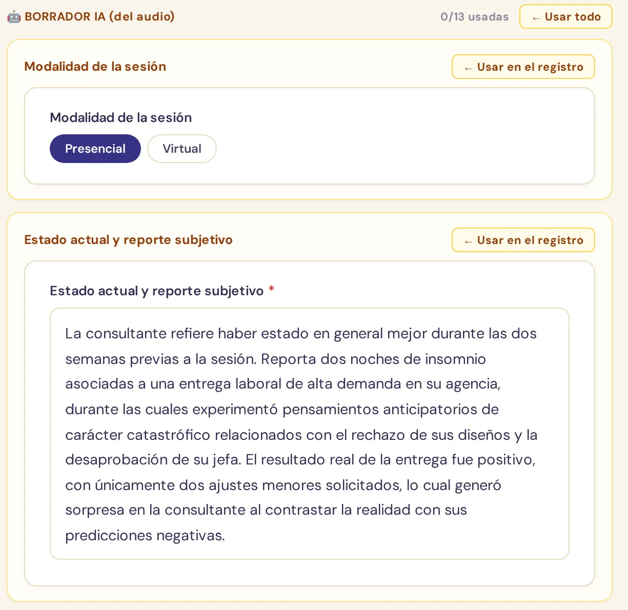 Panel de Chapni con el borrador que la IA redactó del audio de la sesión: el campo Estado actual y reporte subjetivo ya viene escrito, con un botón para llevarlo al registro clínico.